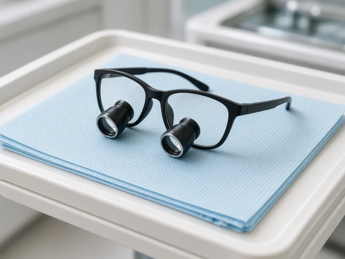 Dental loupes on a bracket tray