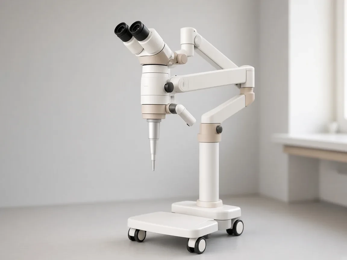 An unbranded dental operating microscope on a floor stand
