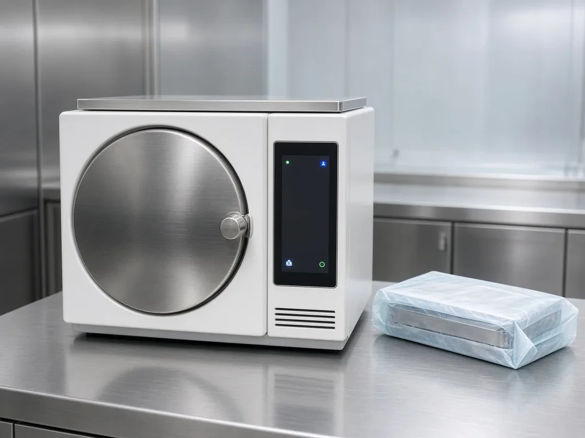 Tabletop dental autoclave and a wrapped instrument cassette on a sterilization counter