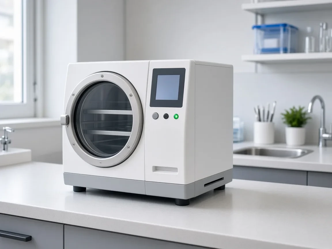 Tabletop dental steam sterilizer on a counter