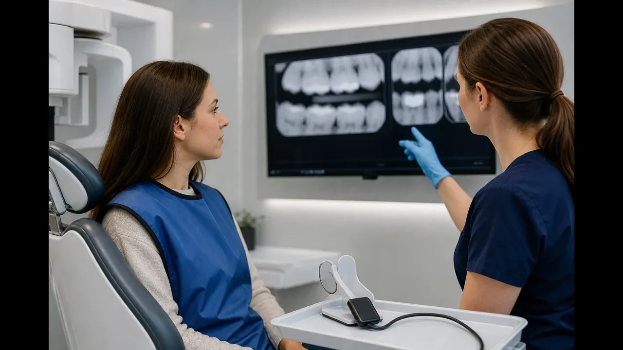 Patient wearing a lead apron during digital dental X-ray imaging