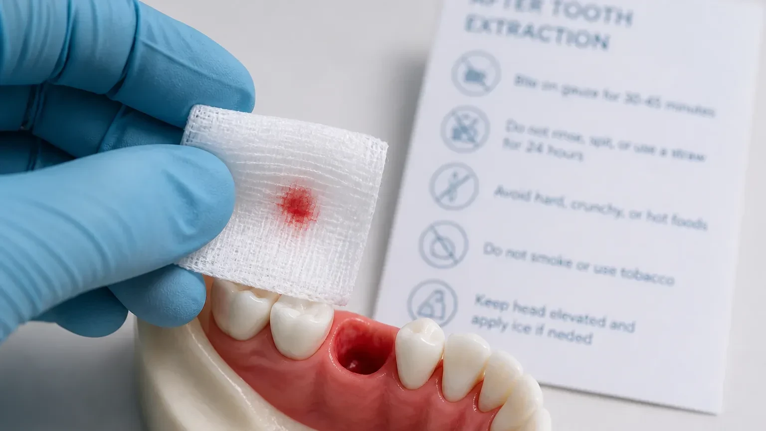 Folded gauze and post-operative dental instructions for bleeding control