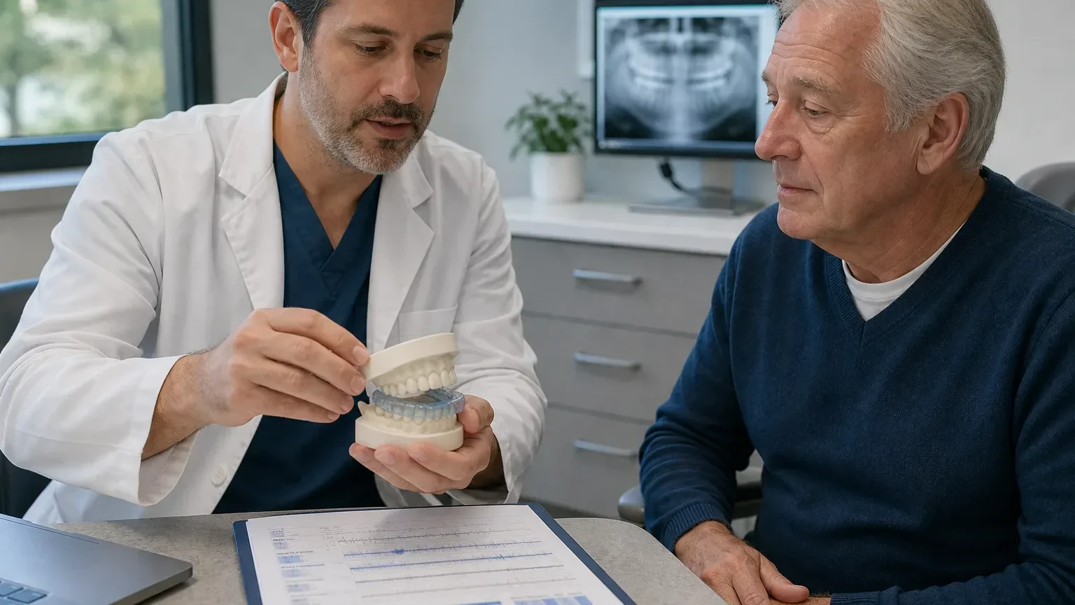 Dentist discussing a custom oral sleep appliance with a patient after medical referral