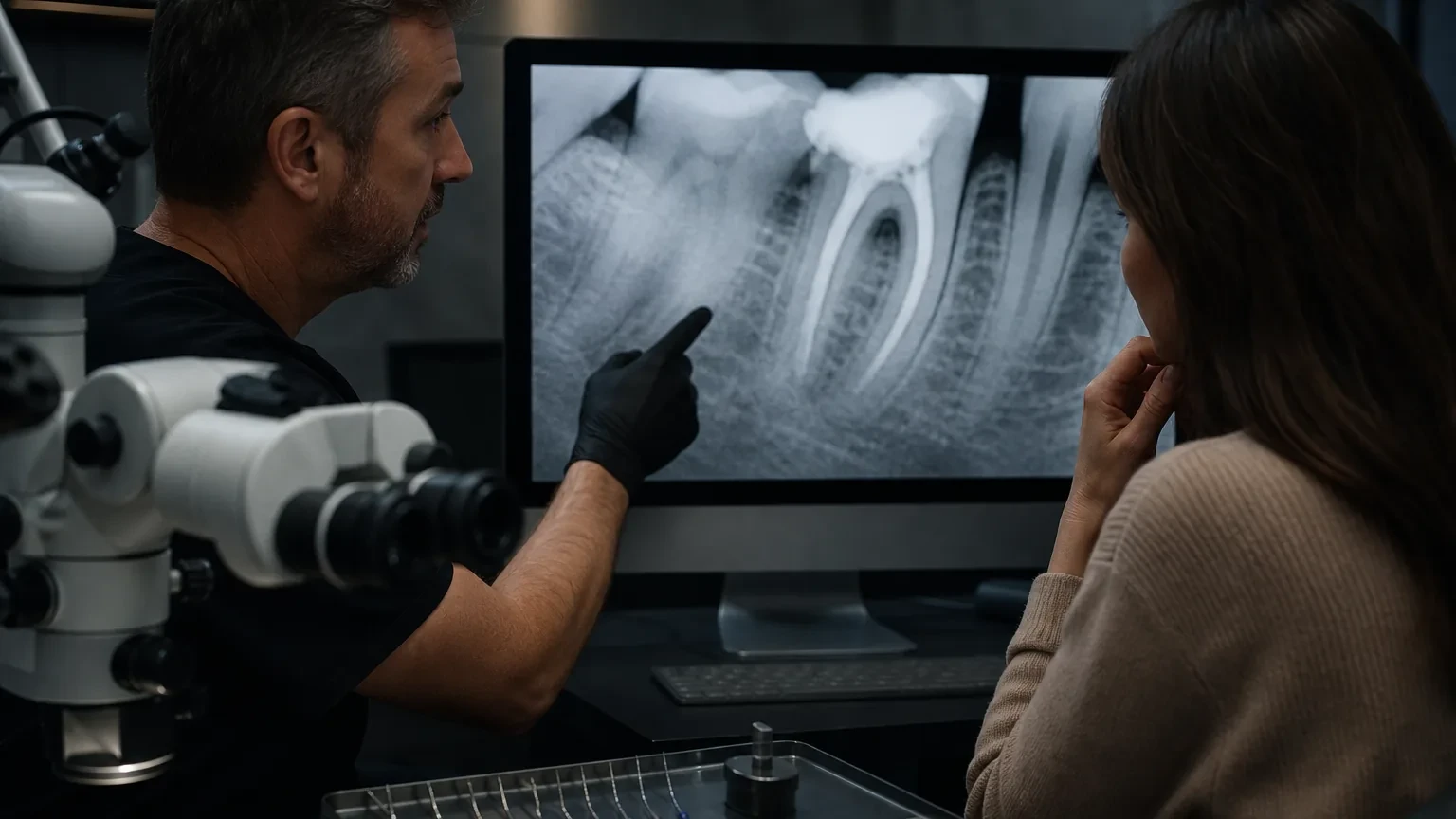 Endodontic X-ray review showing a tooth being checked after possible root canal failure