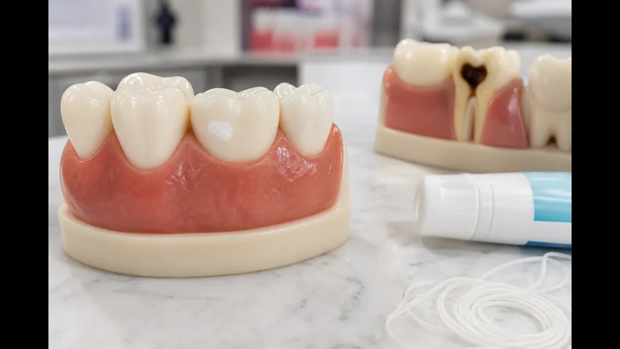 Dentist showing an early enamel lesion versus a cavitated tooth on a chairside screen