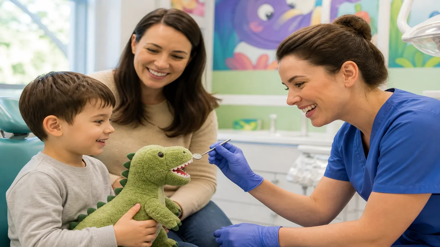 Pediatric dentist using tell-show-do with a child before a gentle exam
