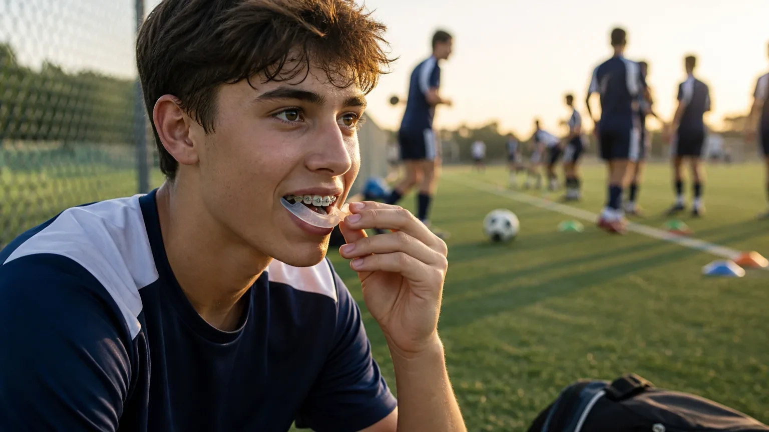 Athlete with braces holding an orthodontic mouthguard before practice