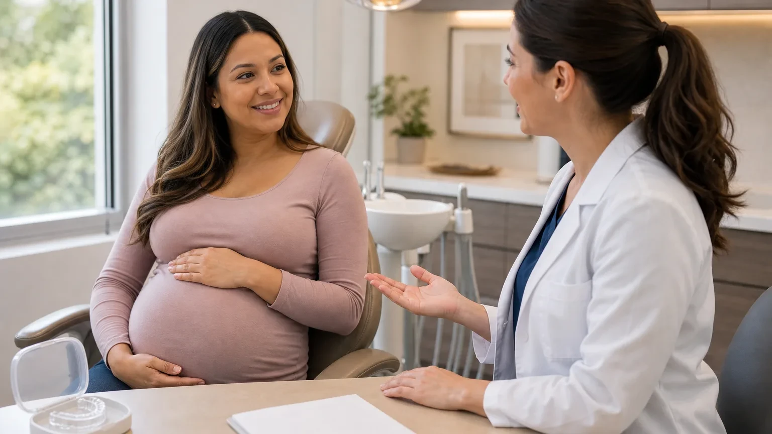 Pregnant patient discussing elective teeth whitening timing with a dentist