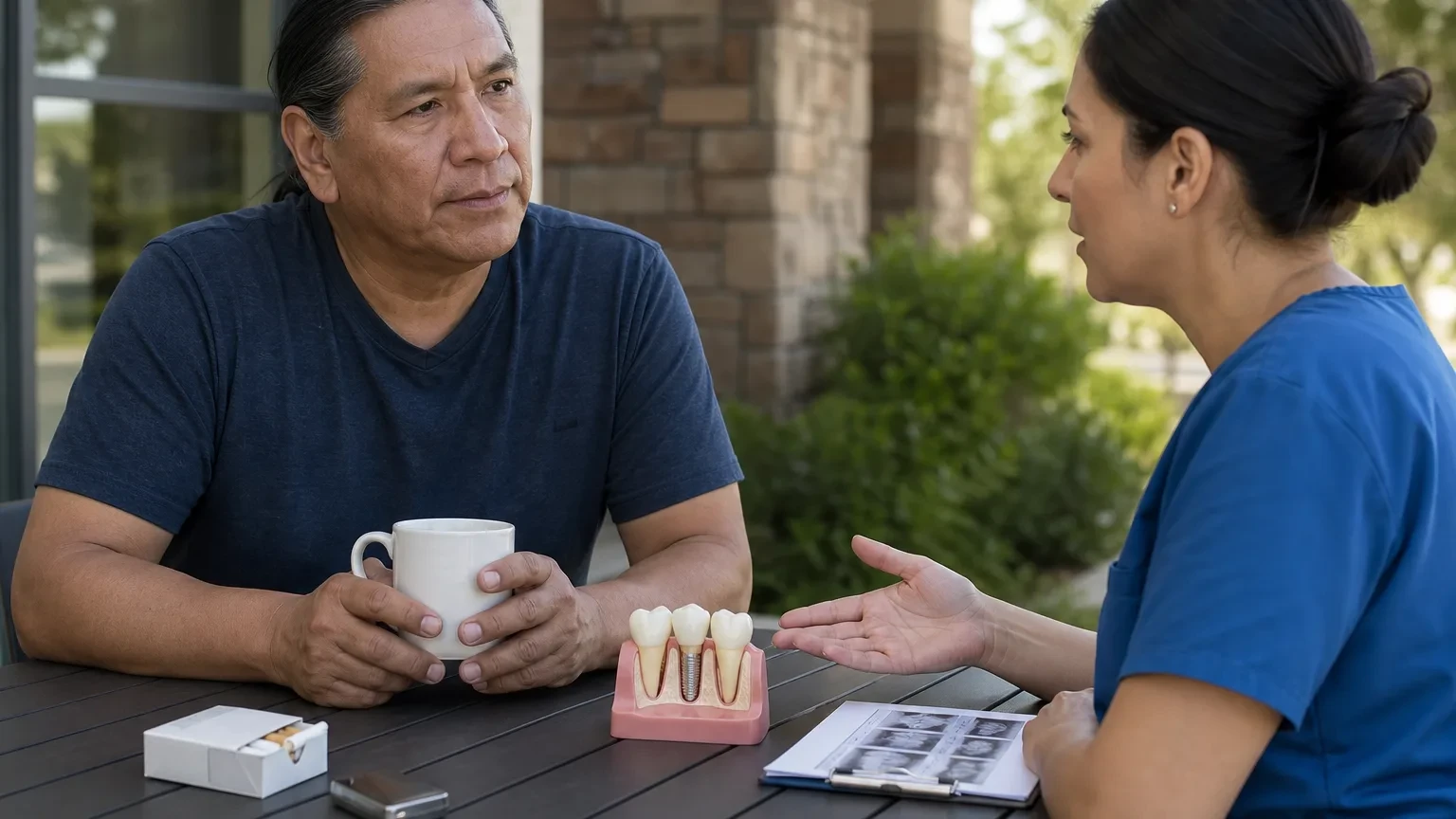 Dentist discussing smoking risks and dental implant healing with a patient