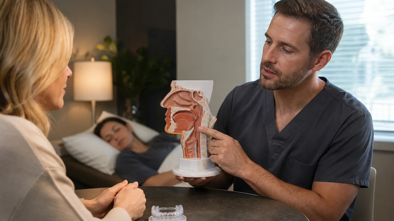 Dentist explaining how a custom oral appliance may reduce snoring after medical screening
