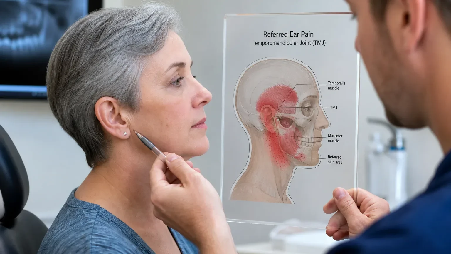 Person indicating discomfort in front of the ear where the jaw joint sits