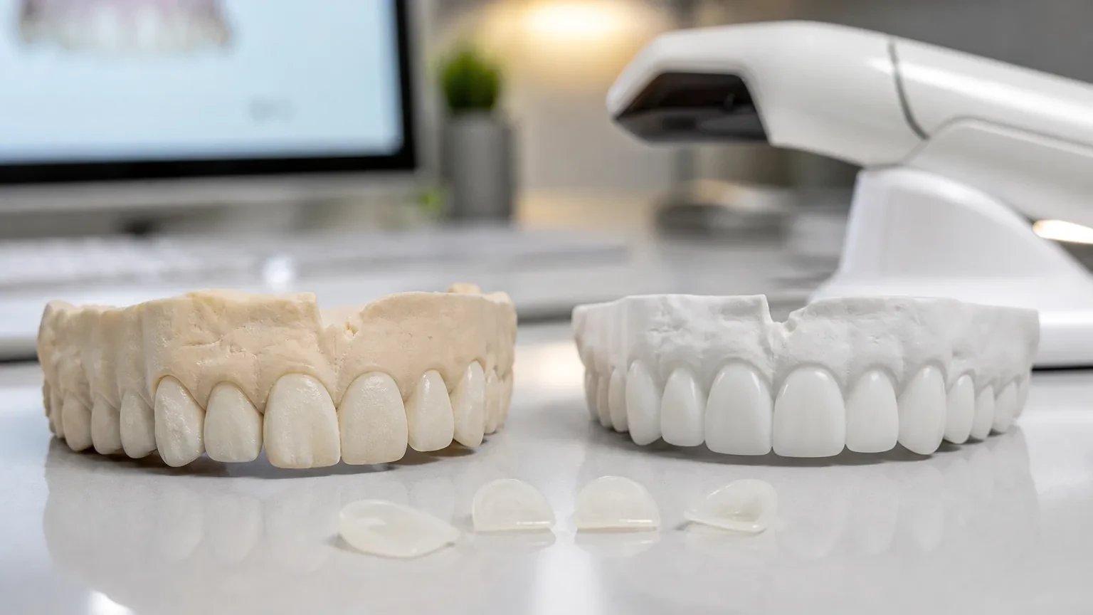 Cosmetic dentist comparing mild crooked teeth with a veneer smile mockup