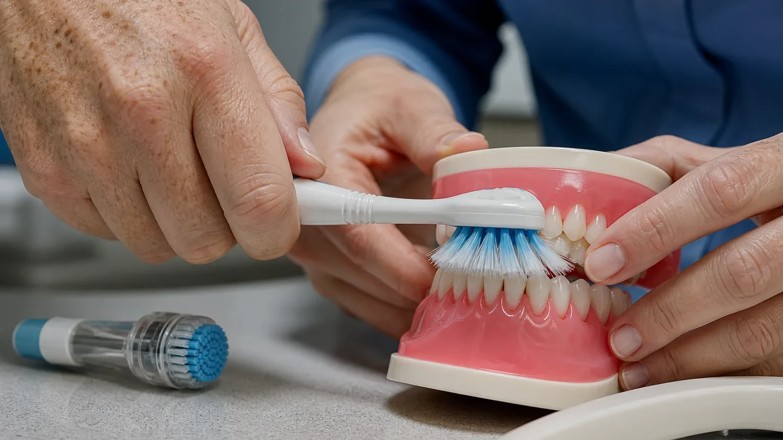 Receding gumline and toothbrush abrasion notch illustrated during a dental exam