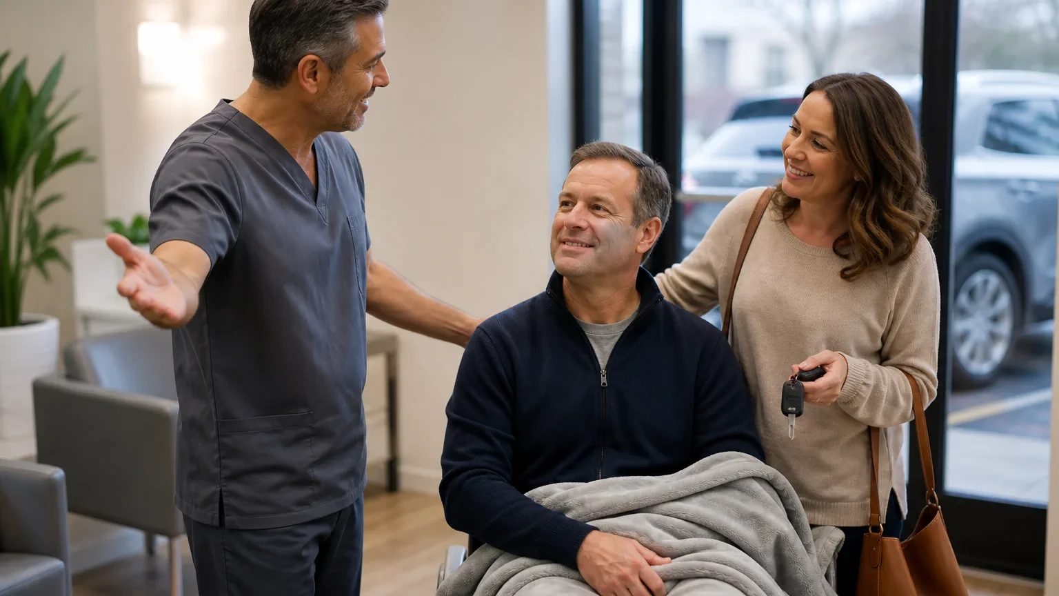Responsible adult escort helping a patient after dental sedation instead of driving alone