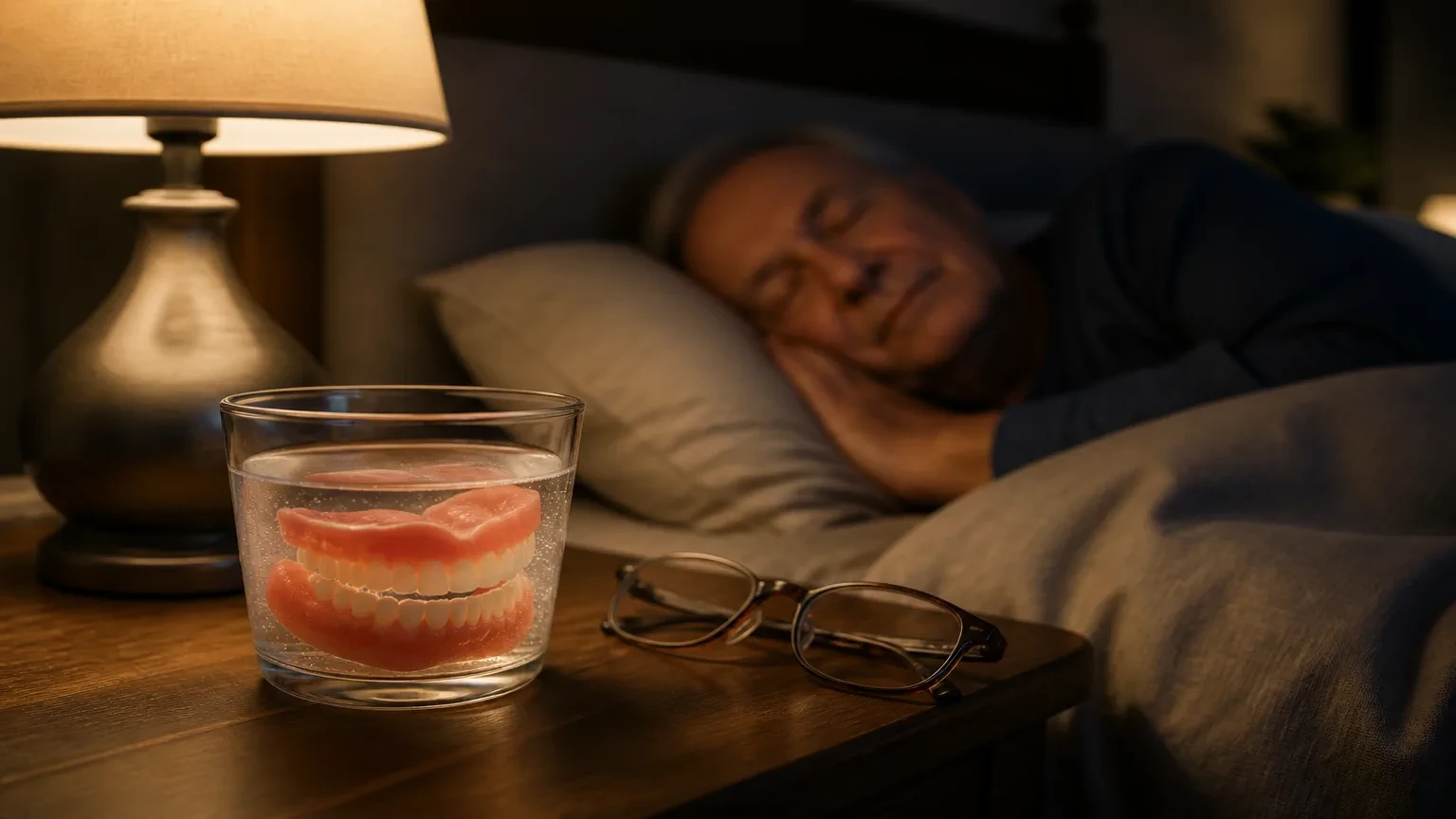 Denture storage case on a nightstand beside a glass of water