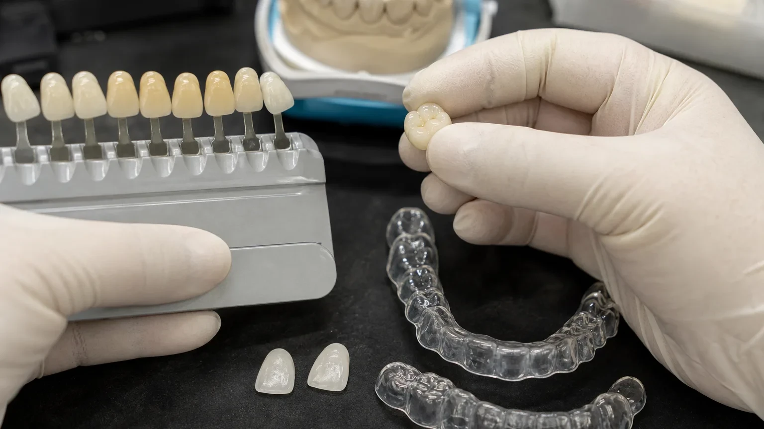 Porcelain veneer shade tabs beside natural teeth before whitening treatment