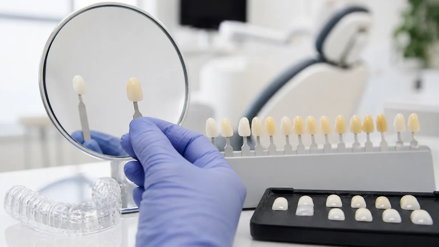 Whitening trays and porcelain veneer shade guide used to explain shade limits