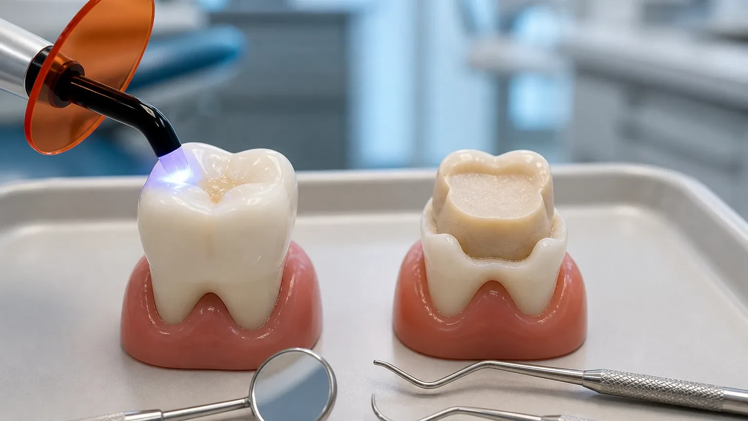 Dental filling and crown models compared beside an X-ray of a molar