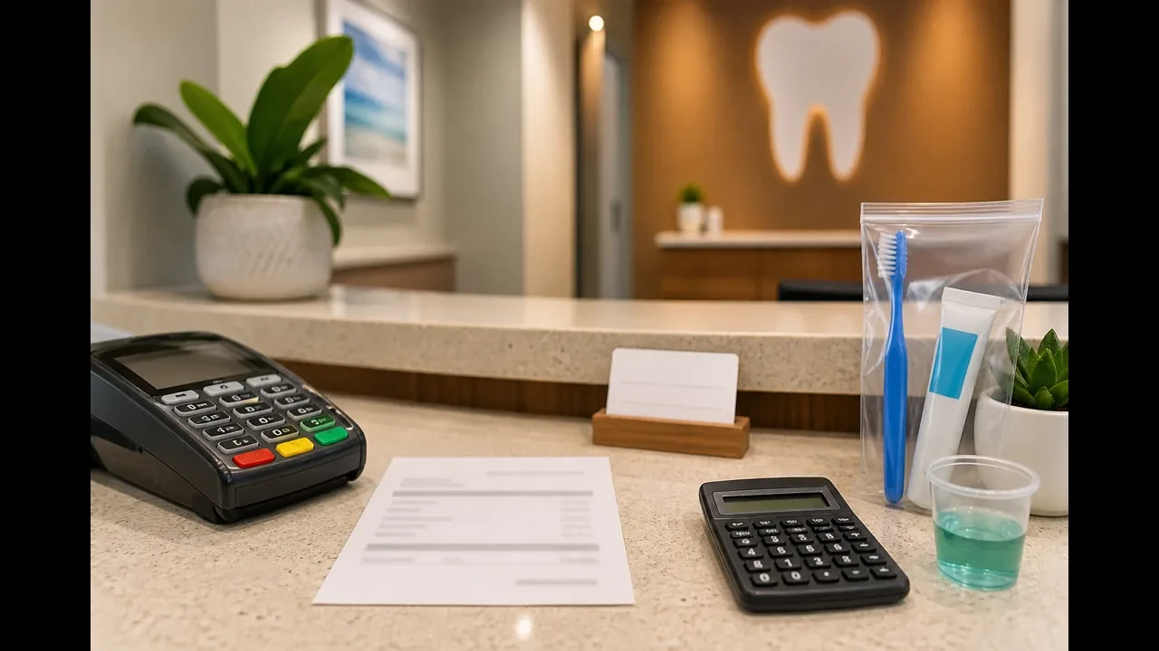 Patient paying a cash price for a dental cleaning at the reception desk