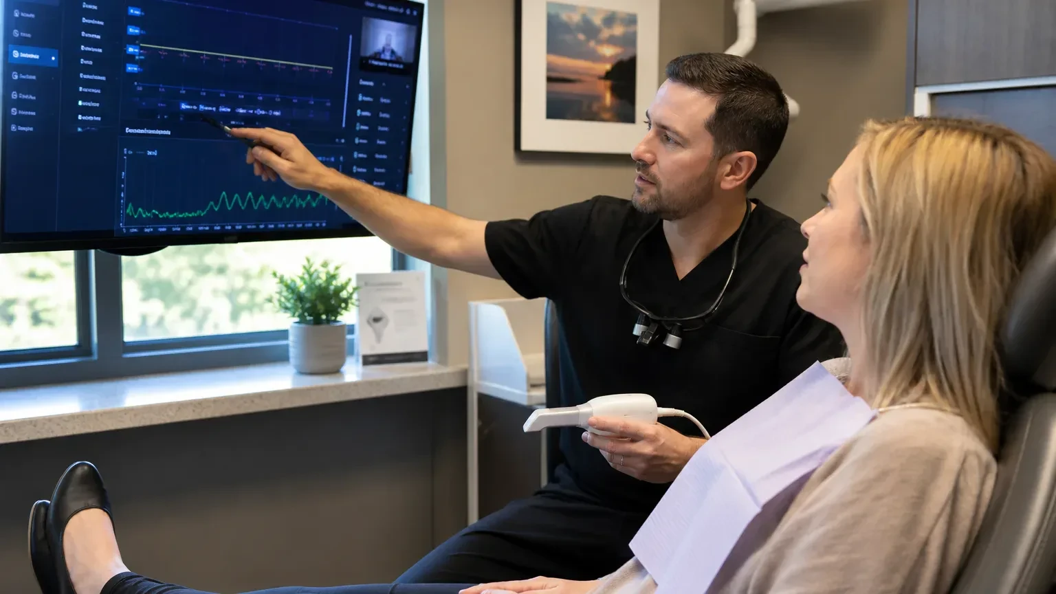 Dentist examining jaw movement and dental health during a sleep apnea appliance consultation