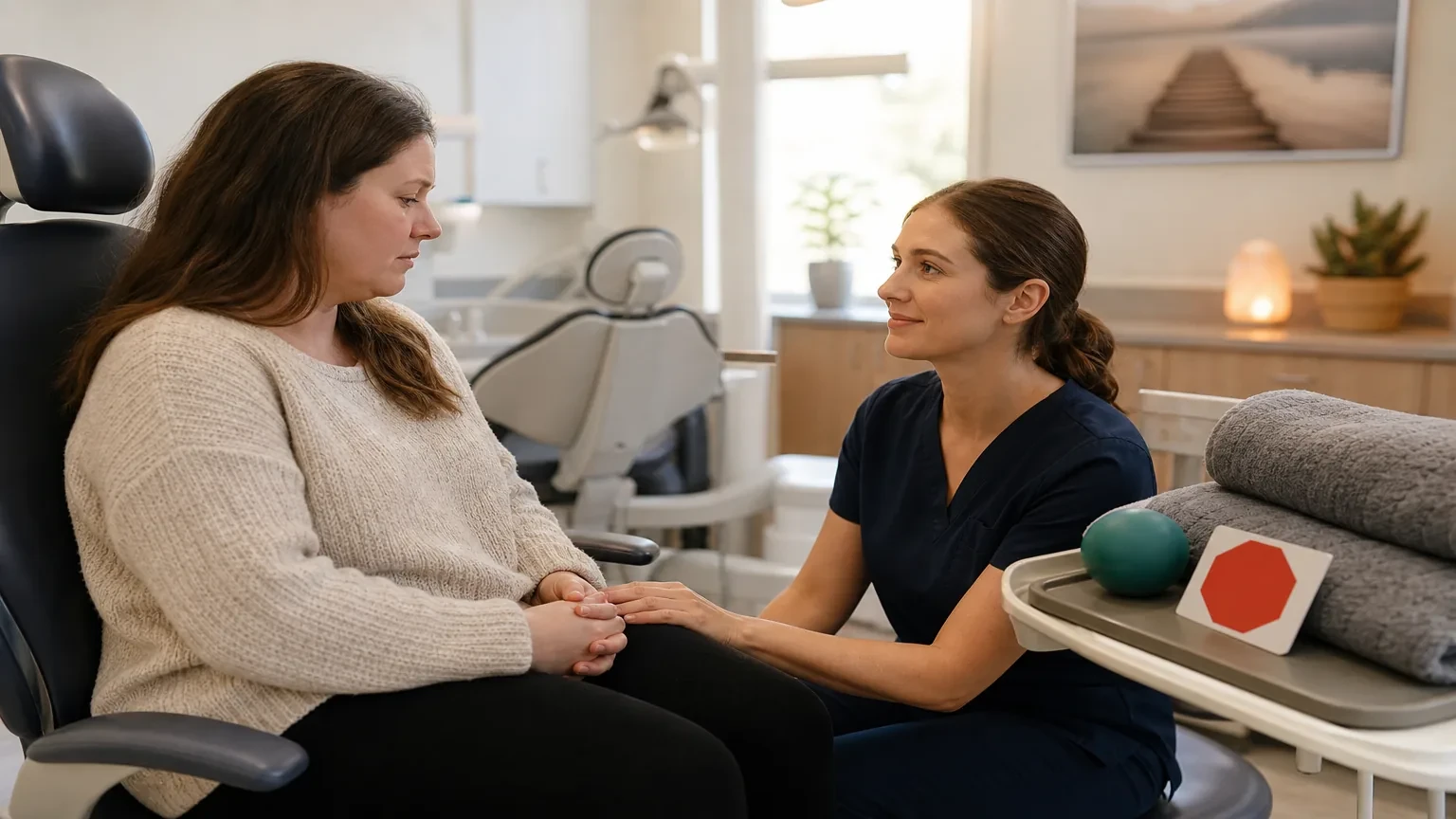 Calm dental team greeting a fearful patient in a quiet consult room