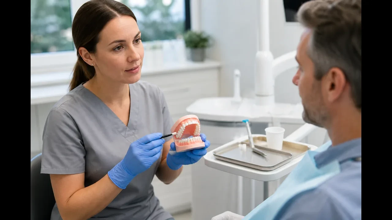 Dental professional applying a fluoride varnish treatment for an adult patient