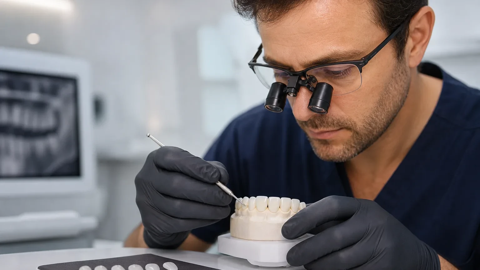 Dentist explaining enamel preparation for veneers with a tooth cross-section model