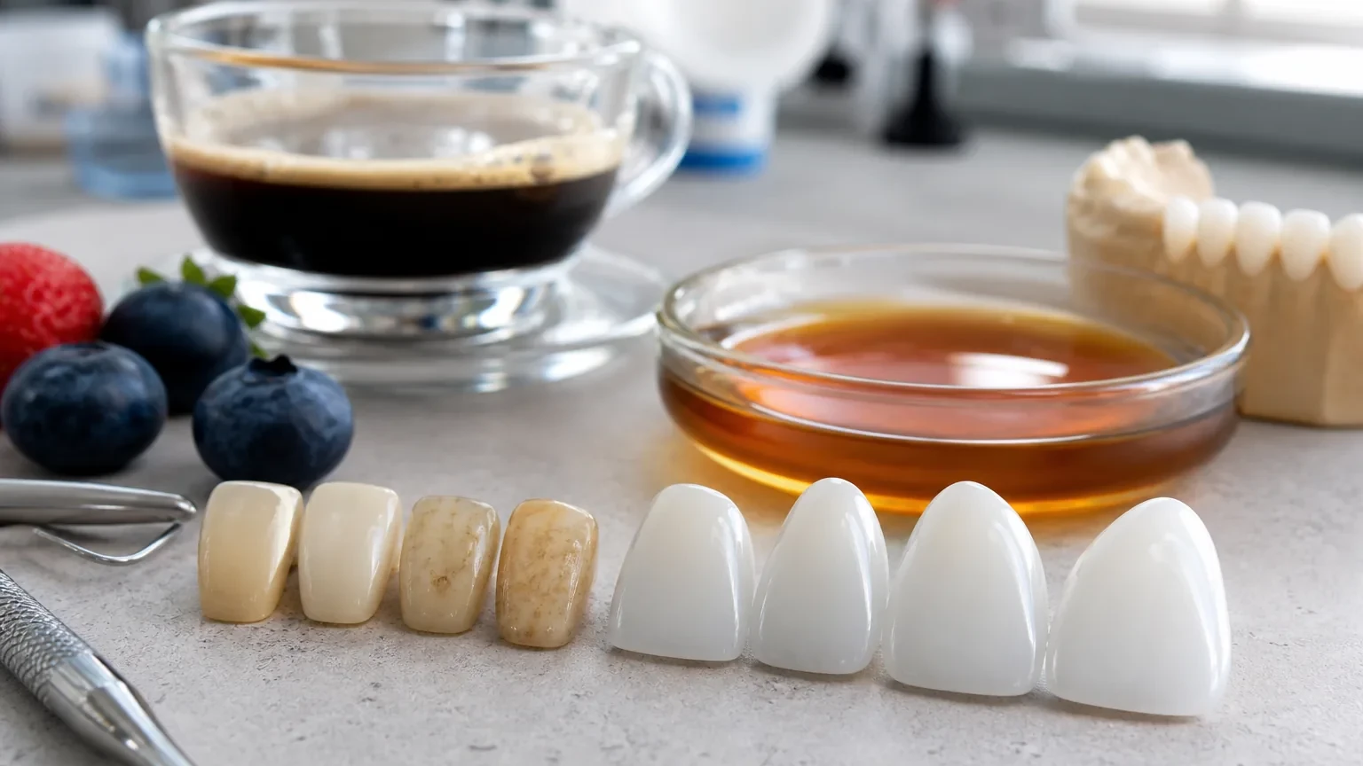 Coffee cup, toothbrush, and veneer samples used to explain veneer staining