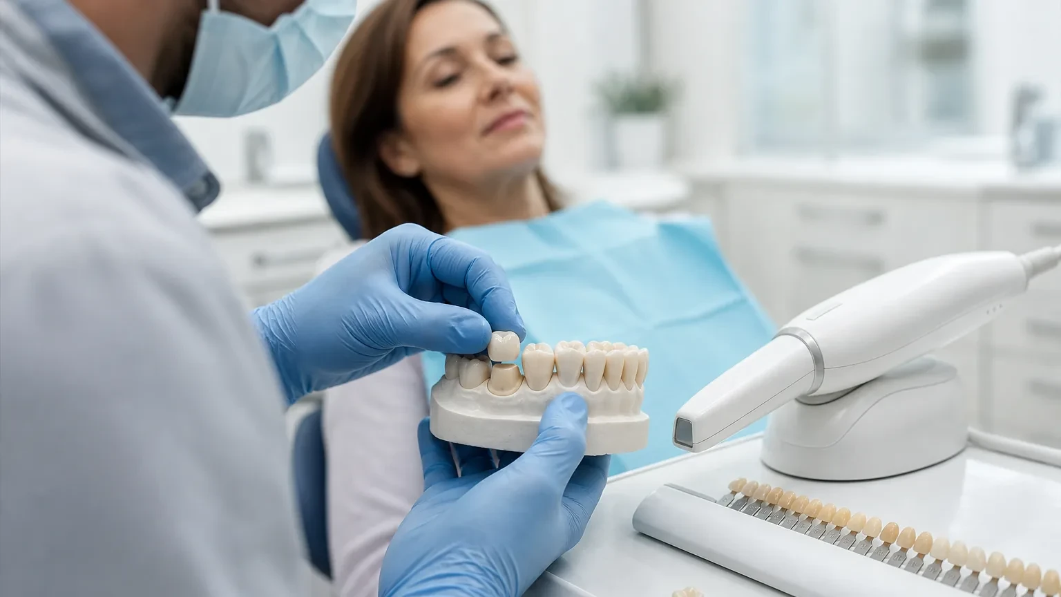 Dental crown model placed next to a treated molar after root canal therapy