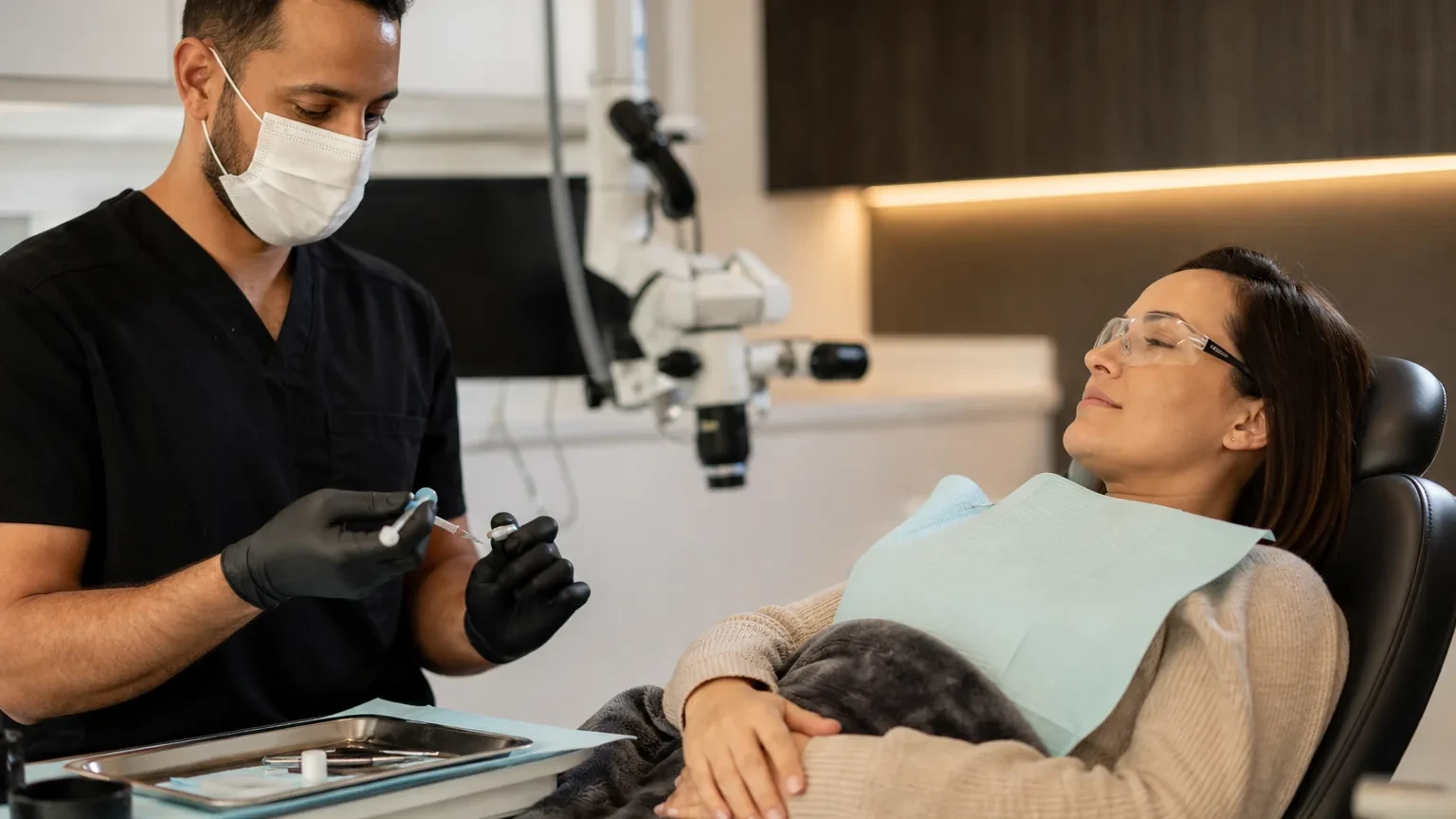 Patient resting calmly during numbing for a root canal appointment