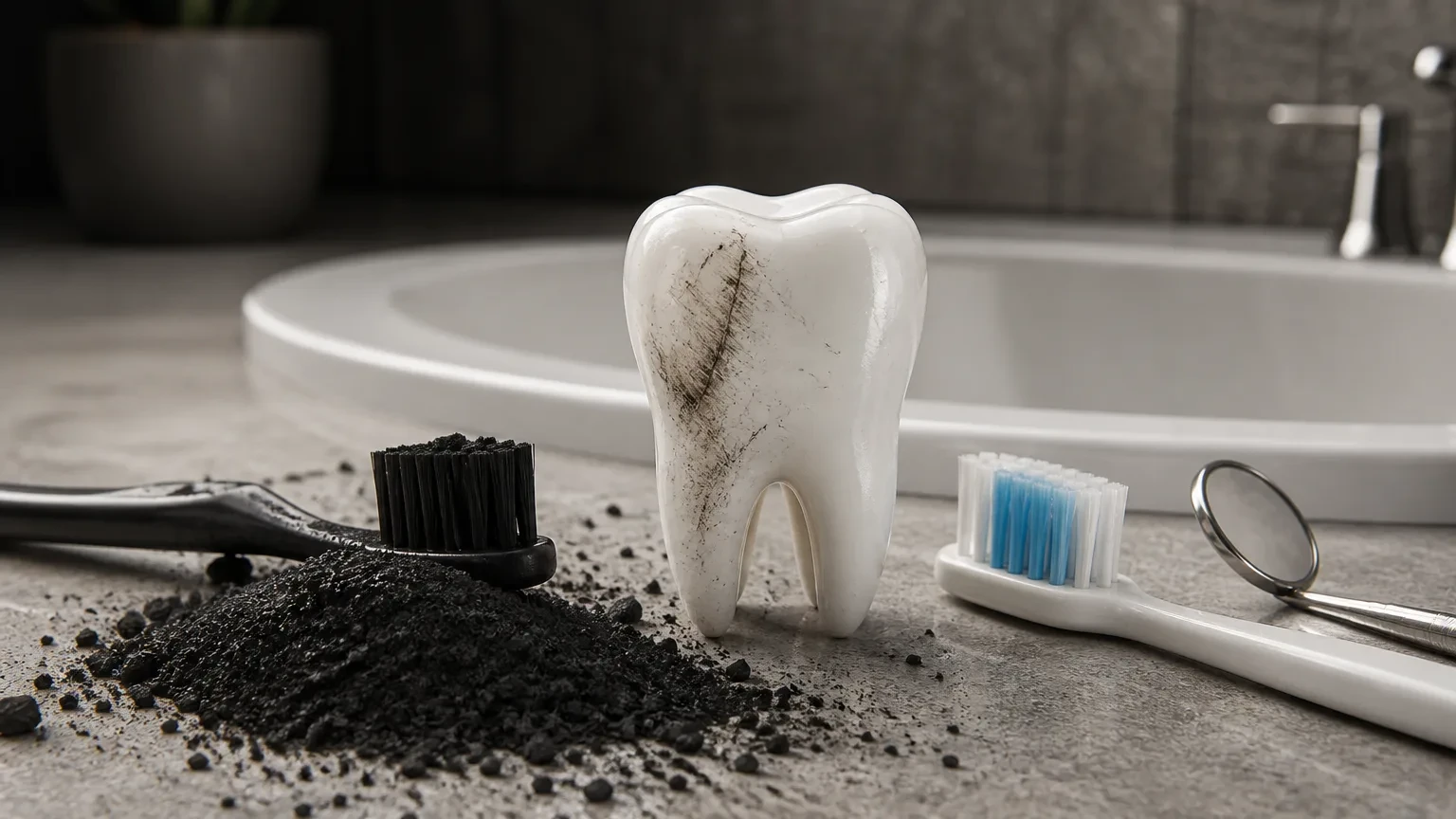 Charcoal toothpaste, black bristles, and enamel model used to explain whitening claims