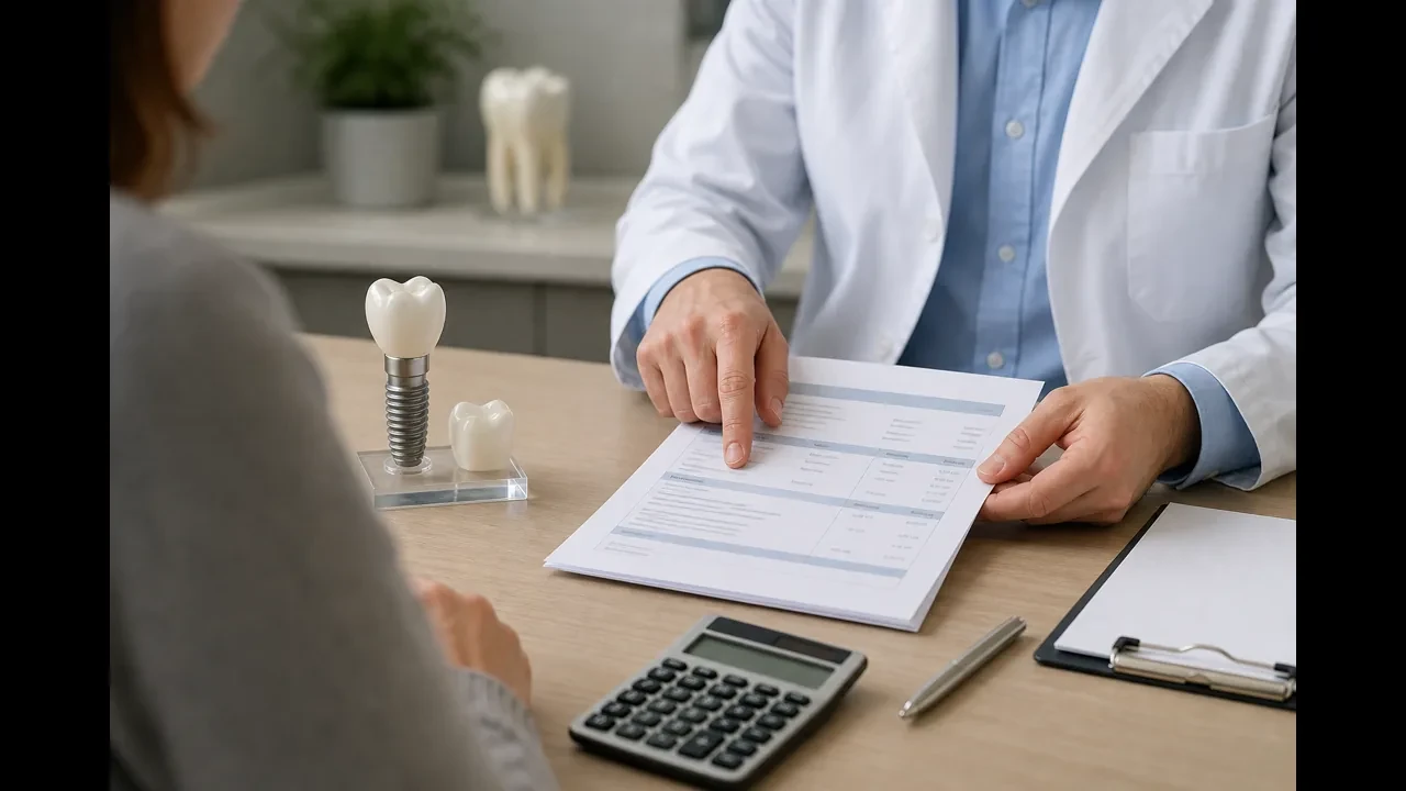 Dentist discussing dental implant treatment options and insurance paperwork with a patient