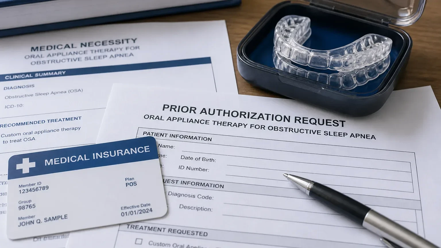 Patient reviewing insurance paperwork for a custom oral sleep appliance with office staff