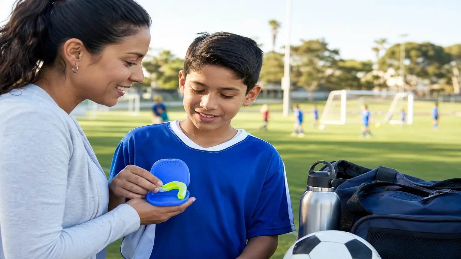Youth athlete holding a fitted sports mouthguard before practice