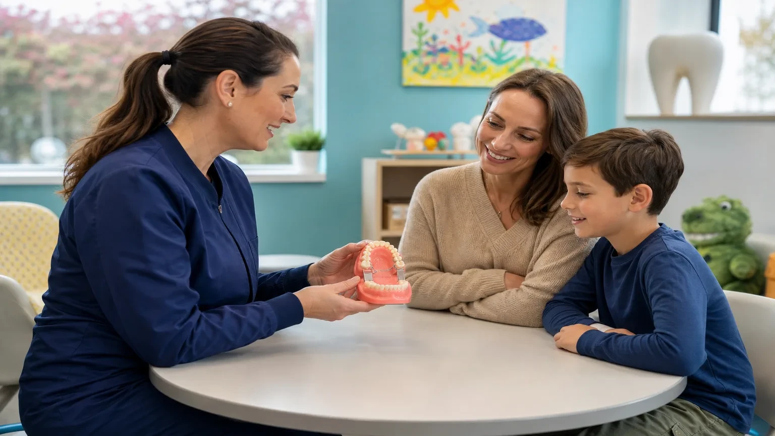 Pediatric dental space maintainer model holding space after early baby molar loss