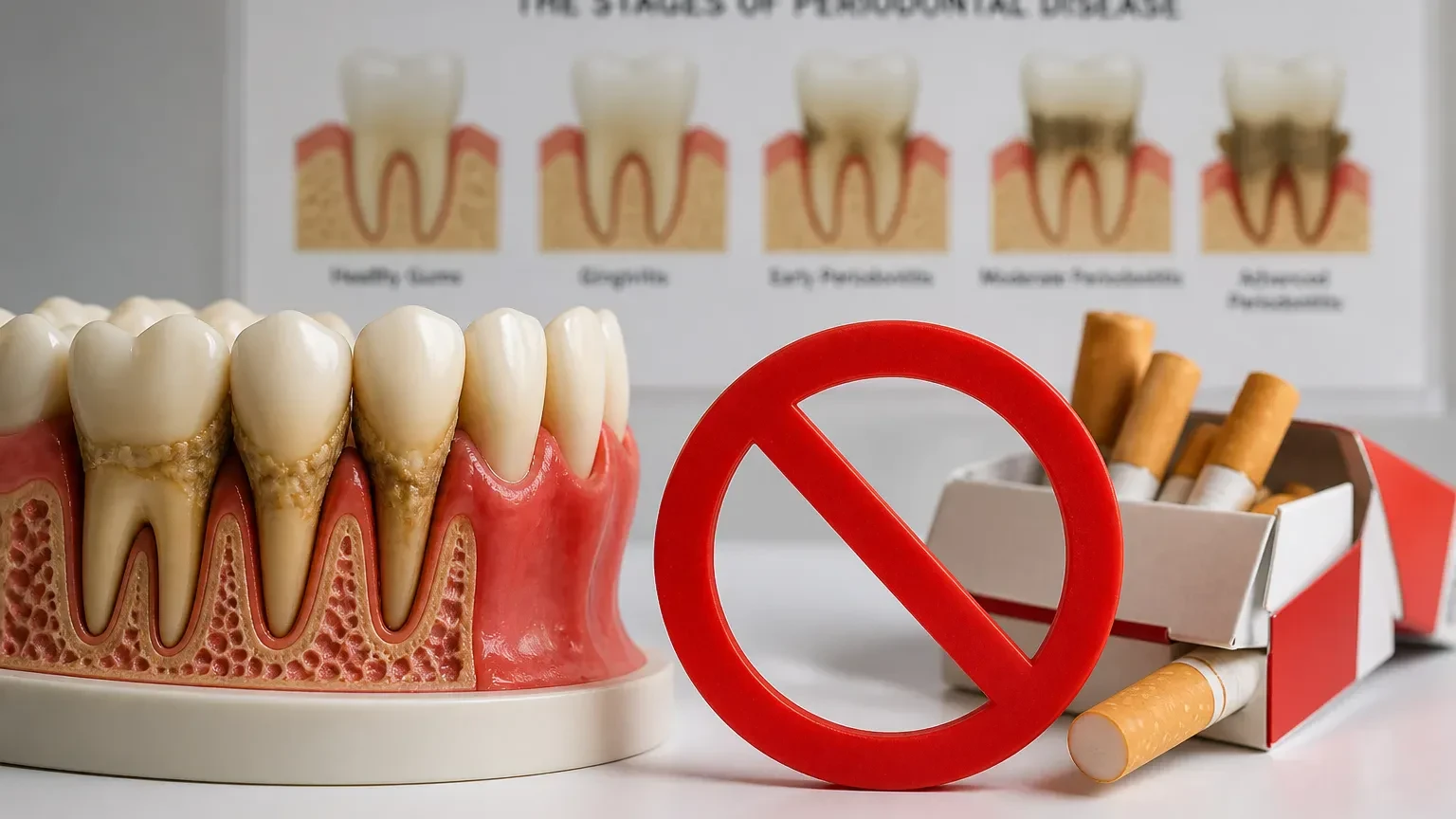 Dentist discussing smoking and periodontal risk with a patient using gum chart