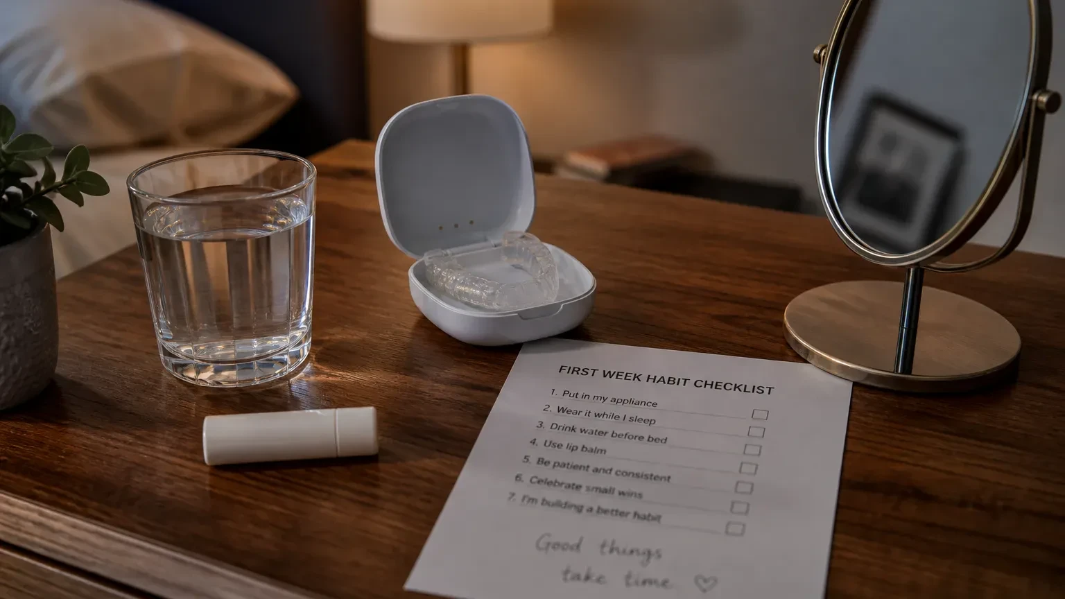 Bedside setup with an oral sleep appliance case, cleaner, and calendar for adaptation tracking