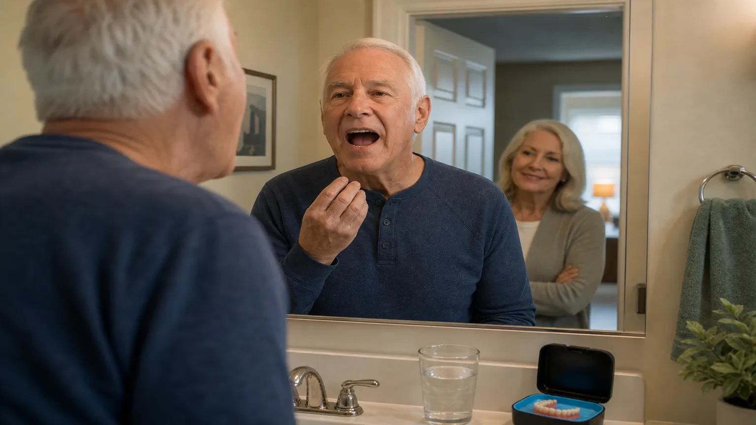 New denture patient practicing speech and bite during an adjustment visit