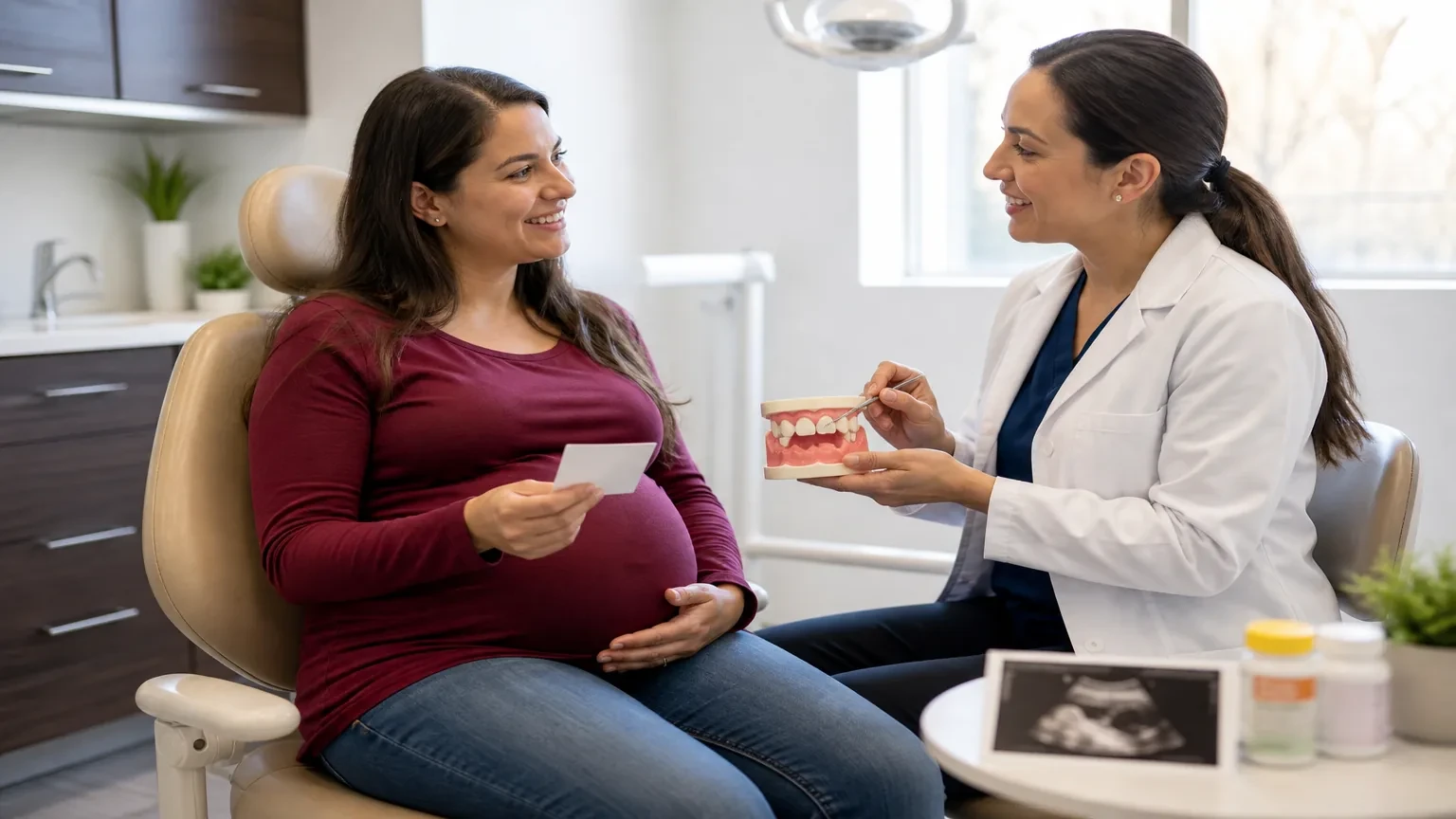Pregnant patient discussing bleeding gums with a dentist during a prenatal dental visit