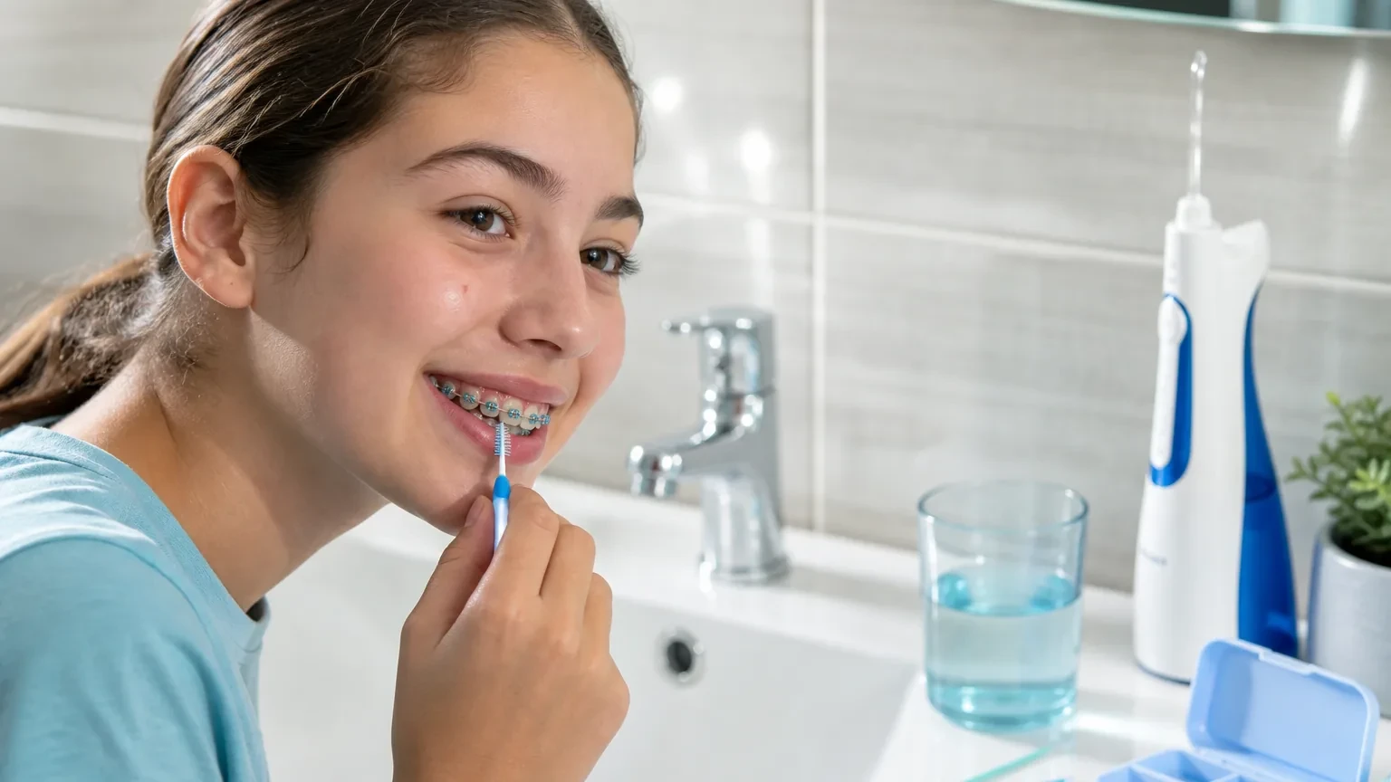 Toothbrush, interdental brush, floss threader, and fluoride toothpaste beside braces model