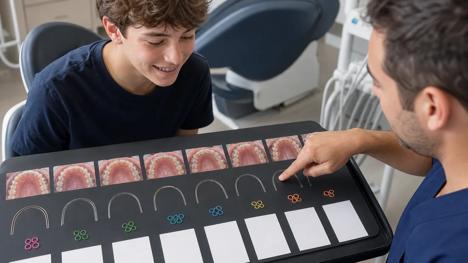 Orthodontist pointing to a braces treatment timeline beside study models