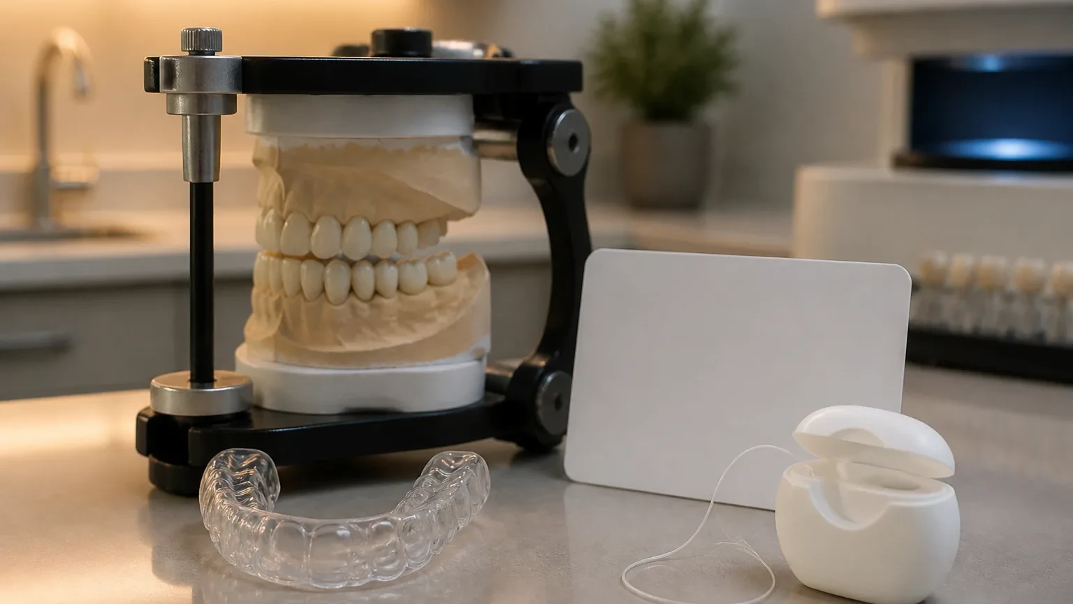 Calendar, nightguard, floss, and dental crown model arranged for lifespan planning