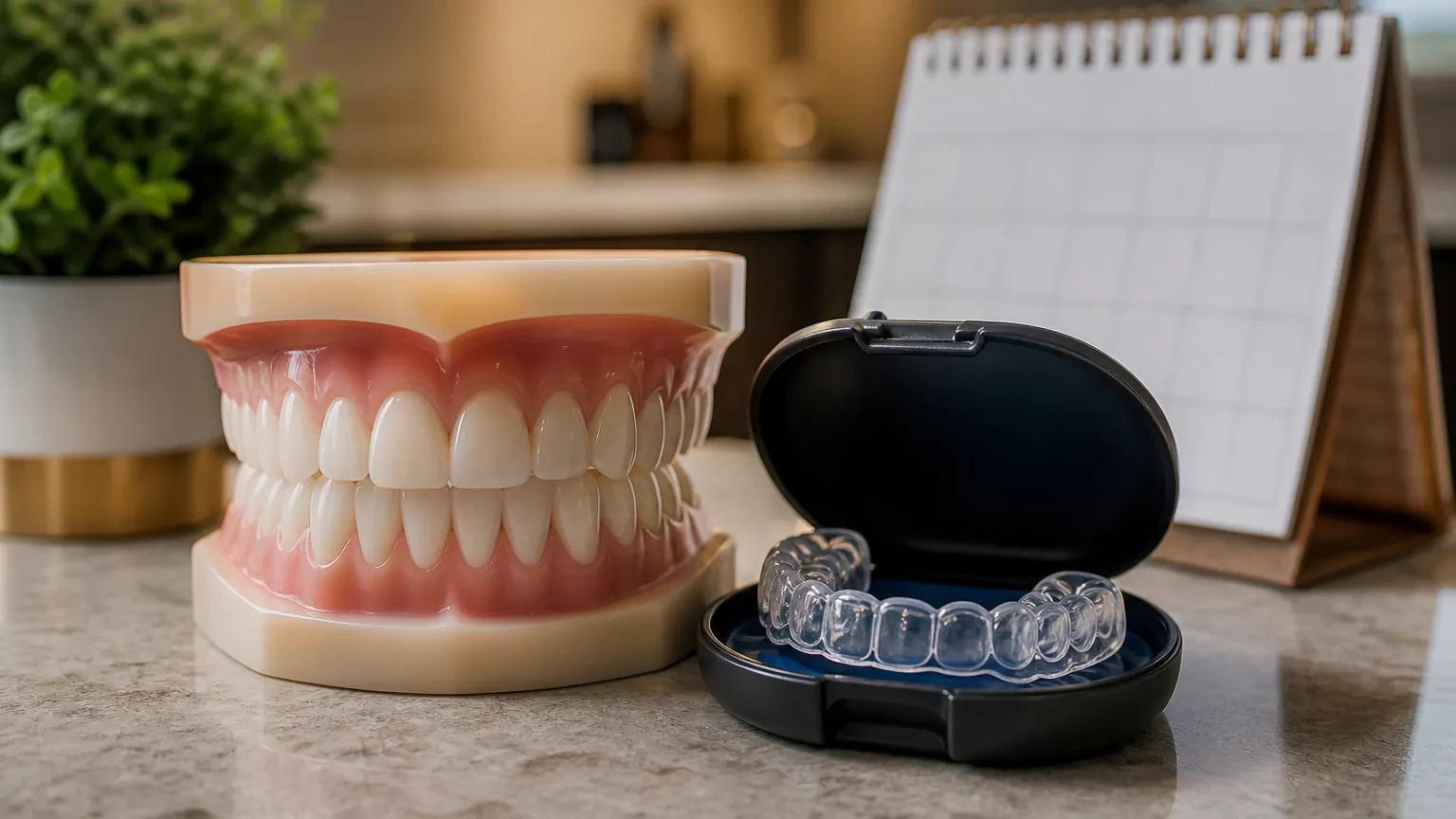 Calendar, nightguard, and veneer model used to discuss how long veneers last