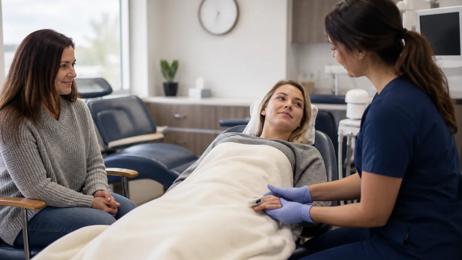 Patient resting at home with water and a quiet room after dental sedation