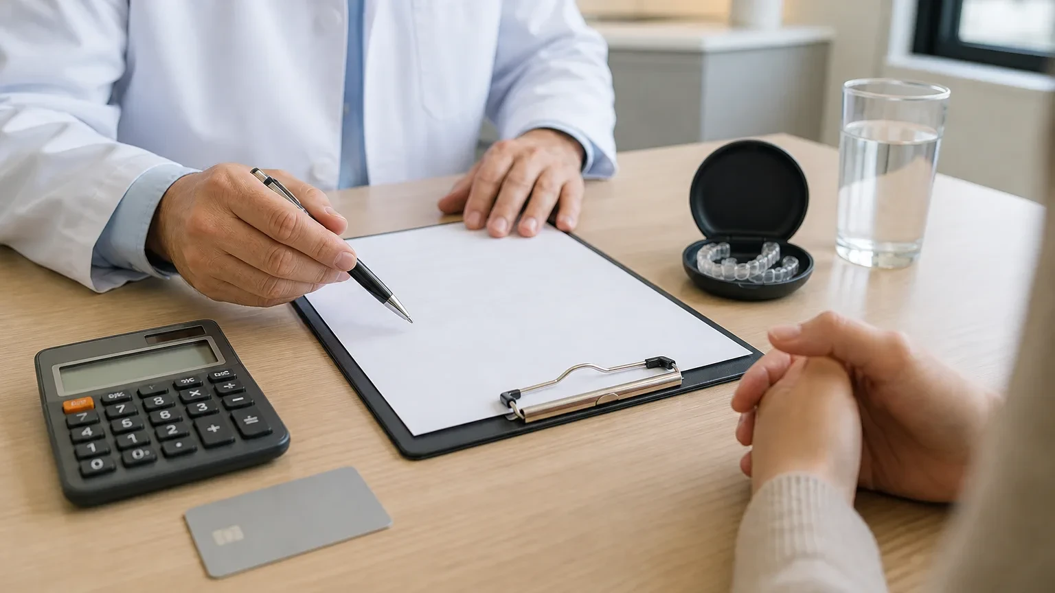 Treatment estimate folder beside clear aligner packaging on a consult desk