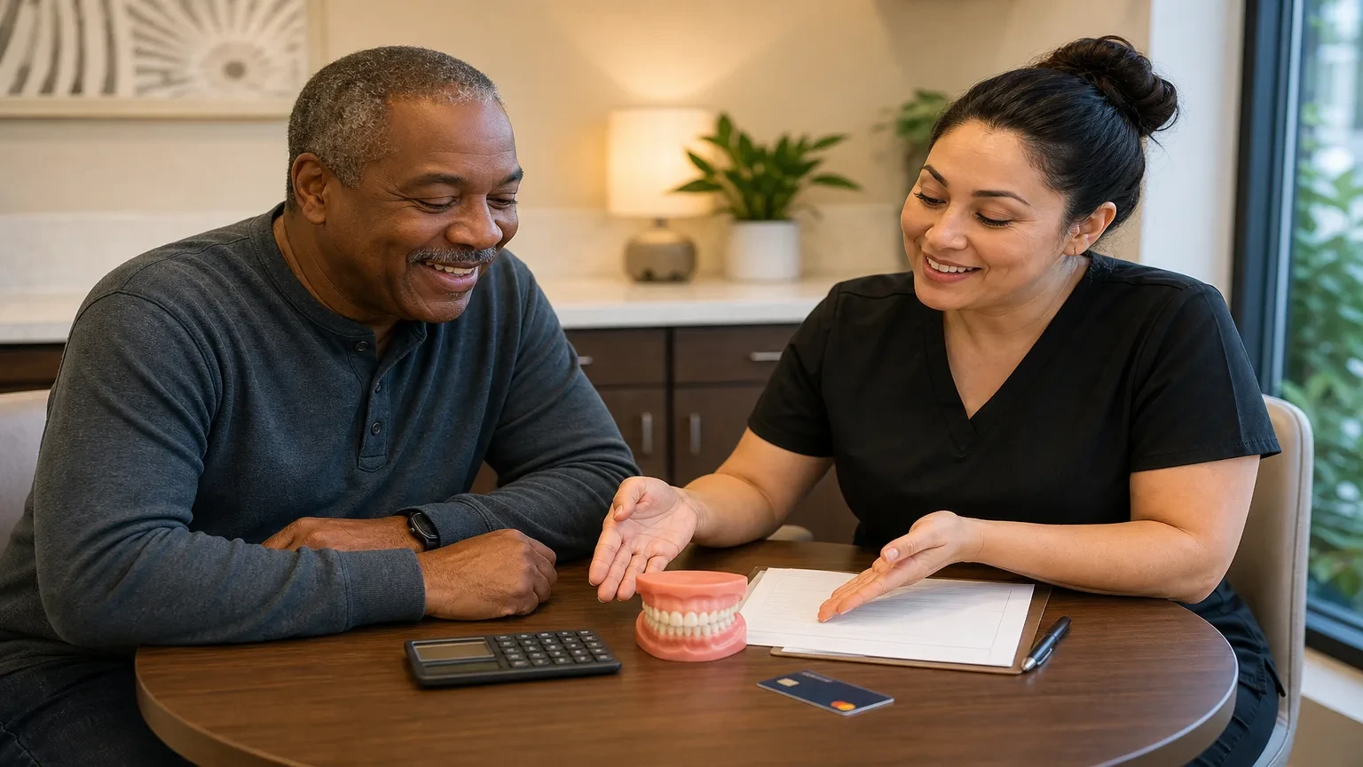 Dentist reviewing a denture treatment estimate with a patient at a desk