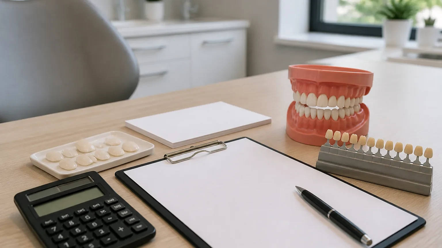 Veneer cost estimate with shade guide, calculator, and smile design notes