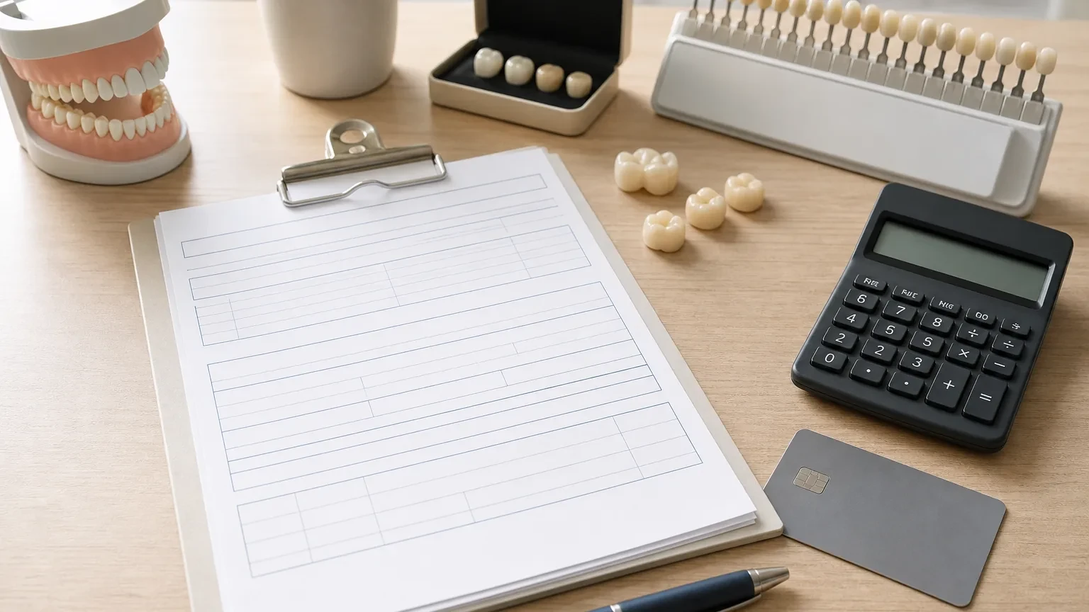 Dental crown estimate, insurance card, and crown model on a consultation desk