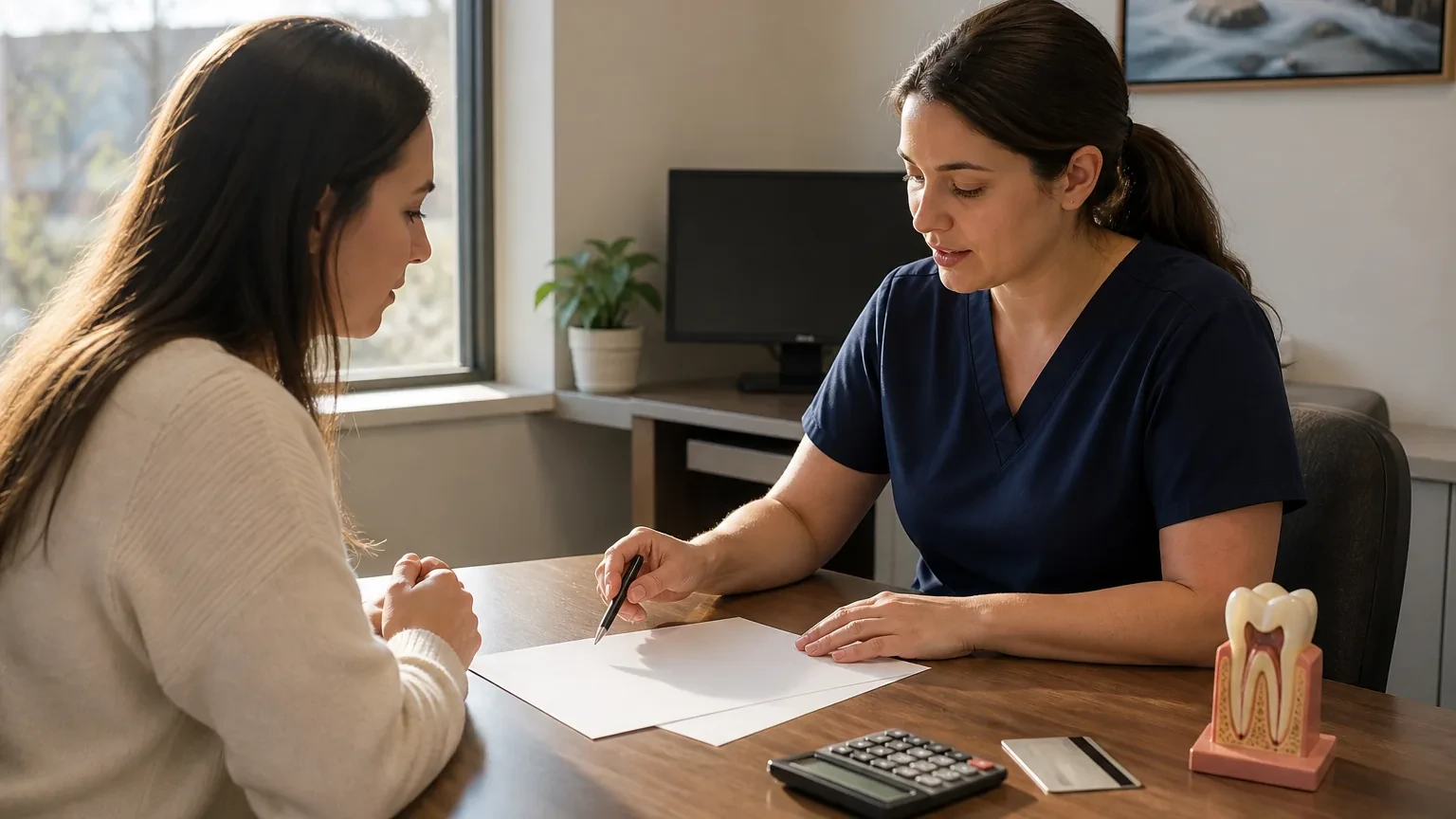 Dental treatment estimate with calculator and molar model for root canal cost planning
