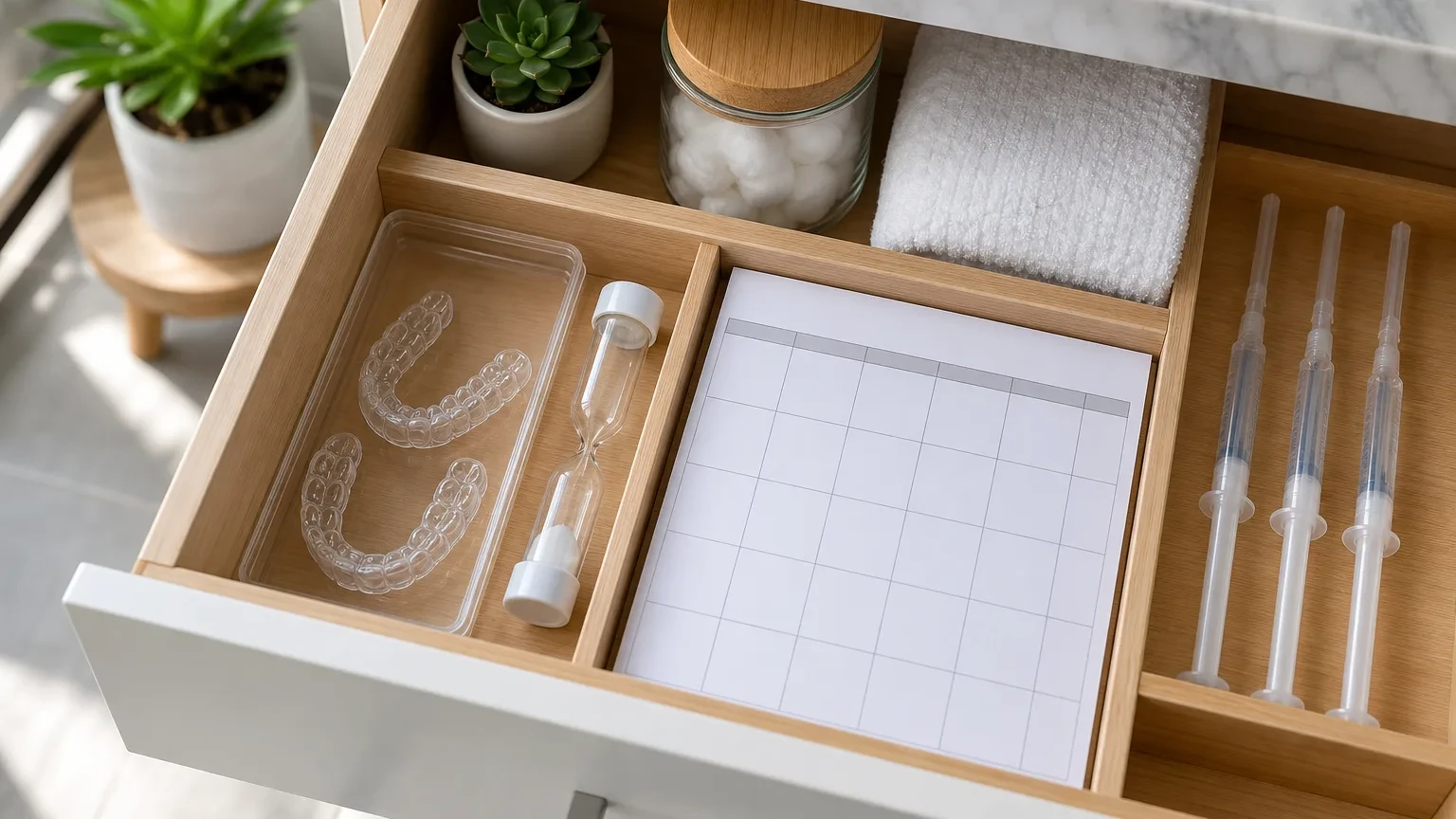 Whitening schedule calendar with custom trays and sensitivity toothpaste
